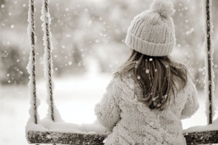 A young child with blonde hair sits on a wooden swing, wearing a knitted hat and blue coat. Snow falls gently around the child in a serene winter setting.の素材
