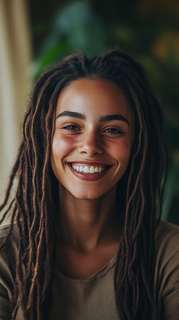 A woman with dreadlocks beams with a joyful smile, surrounded by a bright and colorful indoor space adorned with plants and warm decor.の素材