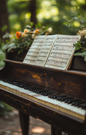 In a lush forest, an aged piano sits surrounded by vibrant flowers. Sheet music rests on the stand, ready for an enchanting melody to fill the air in this tranquil setting.の素材