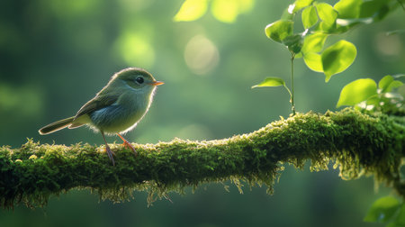 A small bird stands on a moss-covered log in a vibrant forest. Sunlight filters through the trees, illuminating the delicate leaves and creating a peaceful atmosphere.の素材