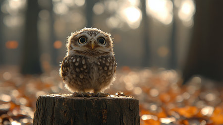 A fluffy baby owl sits on a tree stump with its wide eyes open. Sunlight filters through the trees, illuminating the surrounding greenery during a serene morning in the forest.の素材