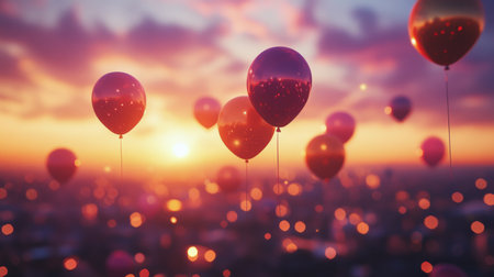 Balloons ascend into the sky as the sun sets, casting warm hues across the landscape. Their colorful forms contrast beautifully with the twilight backdrop and sparkling lights below.の素材