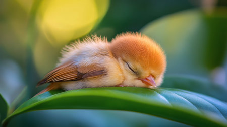 A tiny yellow bird sits on lush green leaves, basking in warm sunlight. Its soft feathers and bright colors create a cheerful sight in a vibrant, natural setting.の素材