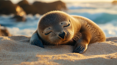 A young seal pup lounges on the warm sand as the sun sets over the horizon, casting a golden glow on the beach while gentle waves roll in.の素材