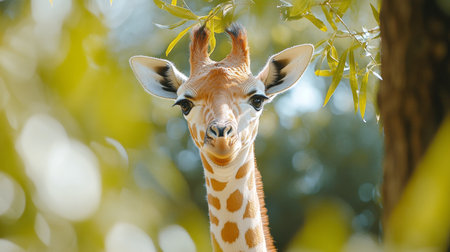 A young giraffe looks curiously through lush green leaves, showing its long neck and patterned coat under clear sunlight in its natural habitat.の素材
