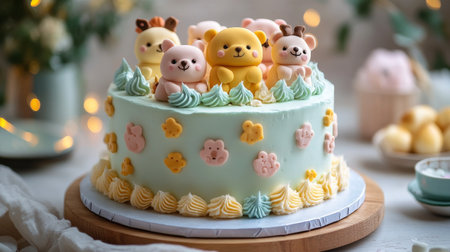 A beautifully decorated cake showcases cute bear figures atop pastel frosting, set against a charming, light-filled background perfect for celebrations.の素材