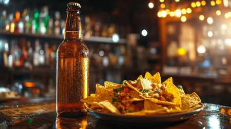 A plate of crispy nachos topped with melted cheese sits on a wooden table alongside a chilled beer bottle. The warm, inviting atmosphere is enhanced by soft lighting.の素材