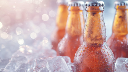 Several glass bottles of beer are surrounded by ice, illuminated by bright sunlight in an outdoor environment. The droplets on the bottles highlight their refreshing appearance.の素材