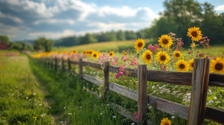 Bright sunflowers and pink flowers are flourishing above a blue wooden fence, set against a clear sky with fluffy clouds. Nature displays vibrant colors on a sunny day.の素材