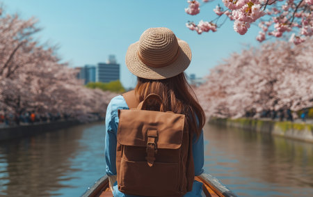 A woman with long hair and a straw hat relaxes in a boat on a canal surrounded by blooming cherry trees. The bright spring day adds warmth to her experience.の素材