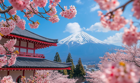 Blooming cherry blossoms frame a traditional Japanese building as Mount Fuji rises majestically in the background under a clear blue sky.の素材