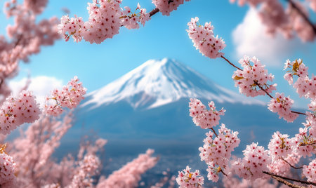 Blooming cherry blossoms surround the iconic Mount Fuji, showcasing soft pink flowers and a brilliant blue sky. This springtime view captures the beauty of nature in Japan.の素材