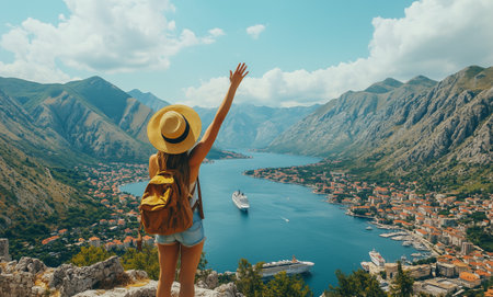 A woman with a sunhat and backpack waves joyfully from a mountain peak, taking in the stunning views of Kotor Bay in Montenegro under a bright blue sky.の素材