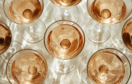 Delicate rose wine glasses are placed on a shimmering reflective surface, ready for guests at a joyful celebration. The arrangement exudes elegance and warmth.の素材