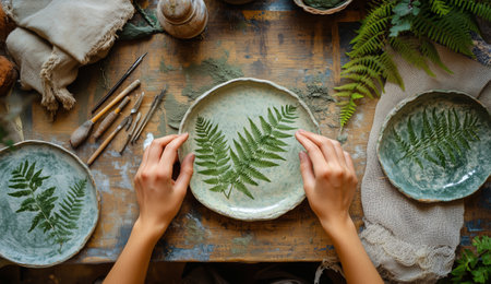 Hands carefully place ferns on handmade plates while surrounded by tools and natural materials in a cozy workspace filled with creativity.の素材