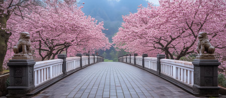 Beautiful cherry trees in full bloom create a stunning pink canopy over a peaceful stone bridge, inviting visitors to explore the scenic surroundings on a calm day.の素材