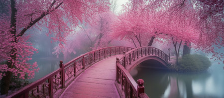A picturesque bridge connects two sides of a serene lake adorned with vibrant pink cherry blossoms. Early morning fog creates a calm and enchanting atmosphere.の素材