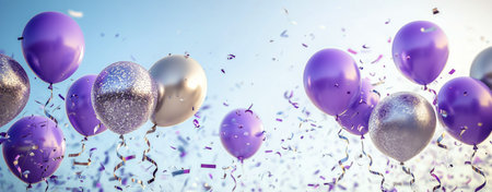 Bright purple and silver balloons float against a clear blue sky while colorful confetti cascades around them, creating a festive atmosphere. This scene captures the joy of celebration.の素材