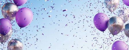 Colorful purple balloons float against a blue background, while confetti falls gently, creating a joyful, festive vibe perfect for celebrations and parties.の素材