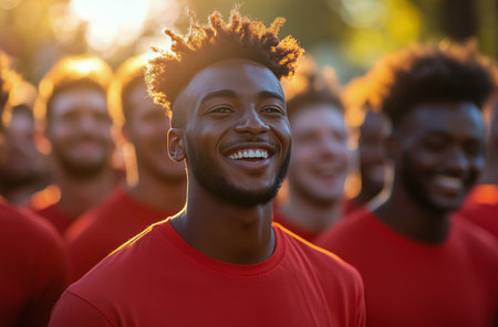 A group of young adults in red shirts smiles and poses together outdoors, illuminated by a warm sunrise. Their joyous expressions reflect camaraderie and energy.の素材