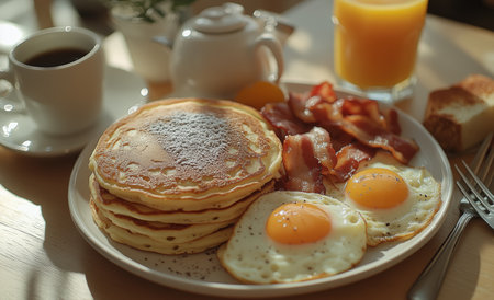 A hearty breakfast table displays fluffy pancakes, crispy bacon, sunny-side-up eggs, and fresh juice beside a steaming cup of coffee. Sunlight brightens the scene.の素材