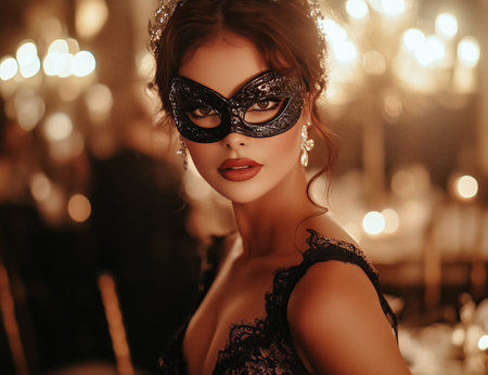 A woman wearing an ornate mask and elegant black dress gazes confidently at the camera, surrounded by soft candlelight at a lavish evening gathering.の素材