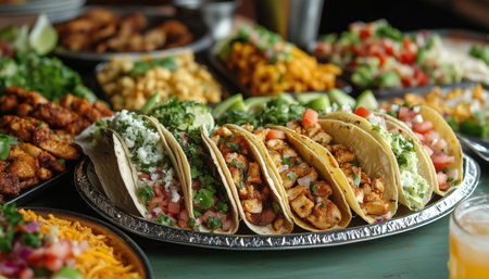 A large platter features a vibrant selection of tacos filled with various ingredients. Fresh toppings accompany a variety of colorful dishes in a bustling dining environment.の素材
