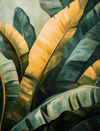 Rich green and yellow banana leaves overlap beautifully in a tropical setting, capturing the essence of nature's vibrancy under soft lighting.の素材