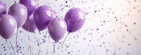 Purple balloons with strings drift upward while colorful confetti rains down, creating a lively, celebratory mood perfect for any festive occasion or gathering.の素材
