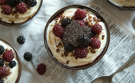 Delightful dessert cups filled with creamy layers, topped with fresh raspberries, blackberries, and granola, arranged on a rustic wooden table.の素材
