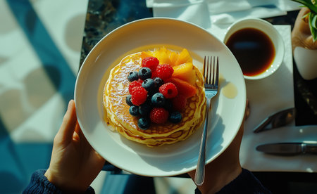 A person enjoys a plate of fluffy pancakes adorned with vibrant berries and slices of fruit. A steaming cup of coffee complements the meal, set in a bright, inviting space.の素材