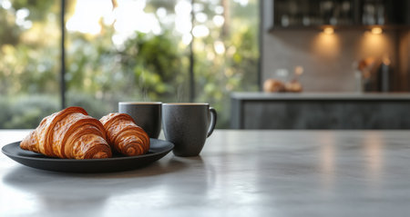 A tranquil kitchen setting features a plate of fresh croissants alongside two mugs of coffee. Natural light floods the space, highlighting the greenery outside.の素材