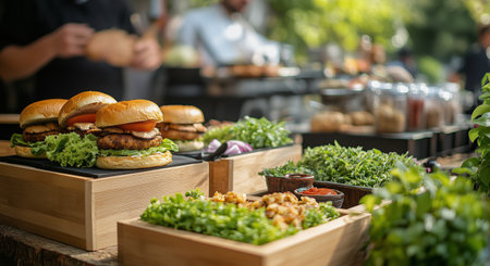 Two delicious burgers with fresh lettuce and tomato are placed alongside vibrant greens at an outdoor food event. The atmosphere is lively with chefs preparing meals in the background.の素材