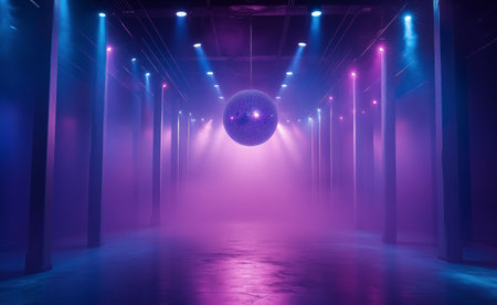 A large disco ball hangs above a dimly lit dance floor, illuminated by vibrant purple and blue lights. A light fog adds a dreamy effect, creating an inviting atmosphere.の素材
