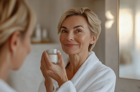 A mature woman in a white bathrobe smiles while holding a jar of moisturizer in her well-lit bathroom. She looks relaxed and confident, enjoying her skincare routine.の素材