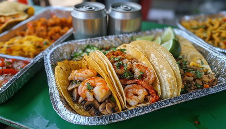 Tacos filled with shrimp, beef, and vegetables are displayed on a green table under afternoon sunlight, accompanied by lime wedges and soft drinks in cans.の素材