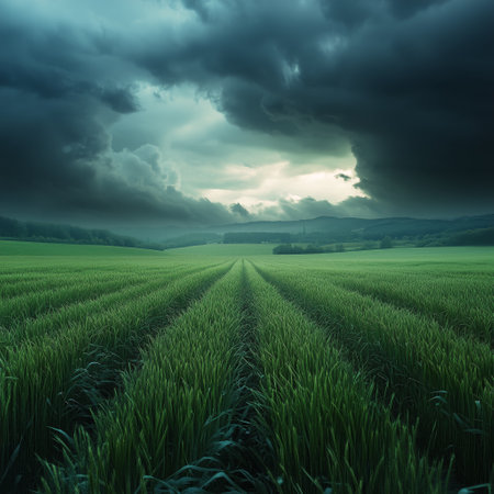 A lush green field stretches under a dark, dramatic sky filled with looming storm clouds. Rows of crops lead the eye toward the horizon as nature prepares for a change.の素材