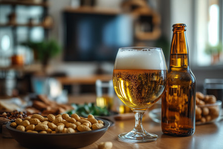 A glass of cold beer with frothy foam sits beside a brown bottle, surrounded by bowls of nuts and snacks, creating a relaxed atmosphere for friends enjoying time together.の素材