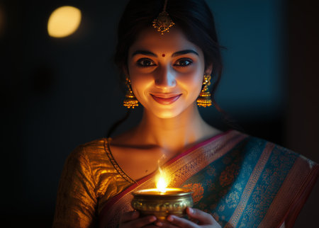A young woman wearing a saree smiles while holding a traditional oil lamp. The warm glow illuminates her face in a festive environment during a cultural celebration.の素材