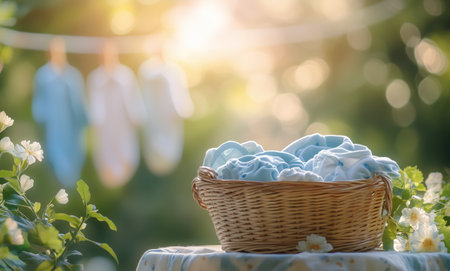 A woven basket filled with soft baby clothes sits on a table, illuminated by warm sunlight, while hung clothes gently sway in a peaceful garden setting.の素材
