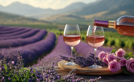Two glasses of rose wine are filled while surrounded by vibrant lavender fields and blooming roses, creating a picturesque afternoon setting in the countryside.の素材