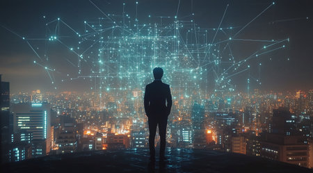A silhouette of a person stands on a rooftop, observing a city lit up at night, with vibrant digital connections floating above the skyline.の素材
