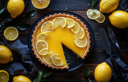 A lemon tart sits on a black plate, adorned with fresh lemon slices. Surrounding the tart are whole lemons and a dark cloth, creating a cozy kitchen atmosphere.の素材