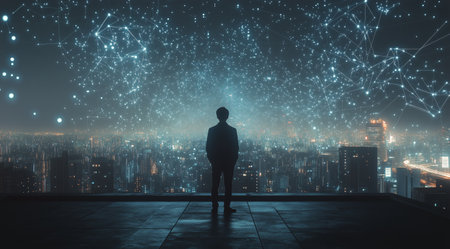 A solitary figure stands on a rooftop overlooking a vibrant city skyline at night. Bright digital stars and network connections illuminate the sky, creating a captivating display.の素材