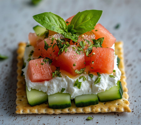 A vibrant appetizer features layers of cucumber slices, creamy cheese, watermelon cubes, and fresh basil on a cracker, perfect for a summer gathering or picnic.の素材