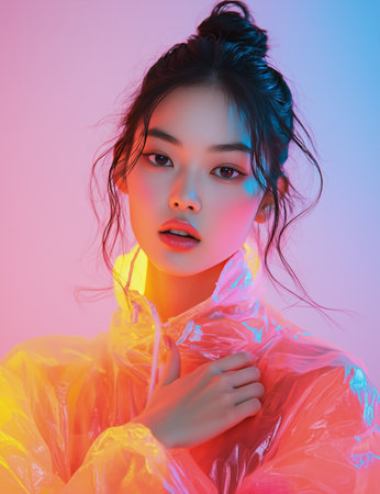 A woman with a chic hairstyle poses confidently, wearing a transparent jacket that reflects neon lights in pink and blue. The striking colors create an engaging atmosphere.の素材