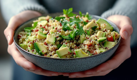 A bowl filled with vibrant quinoa salad featuring avocado, herbs, and chopped vegetables is being held by hands. The cozy atmosphere enhances the dish's appeal.の素材