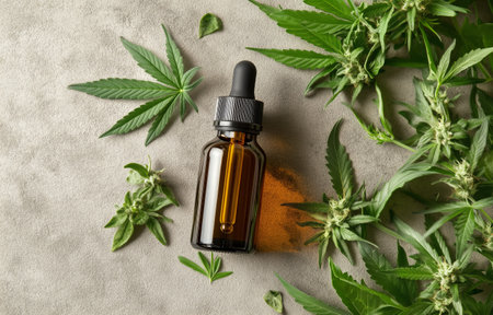 A brown glass dropper bottle is placed on a textured gray surface, surrounded by fresh cannabis leaves and buds, showing the natural elements of the plant.の素材