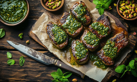 Juicy grilled meat pieces topped with a vibrant green sauce are artfully arranged on a rustic wooden board. Fresh herbs and pistachios add color and texture to the dish.の素材