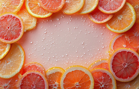 Vibrant slices of oranges, lemons, and grapefruits are artistically arranged around a light background, adorned with water droplets for a refreshing and appetizing presentation.の素材